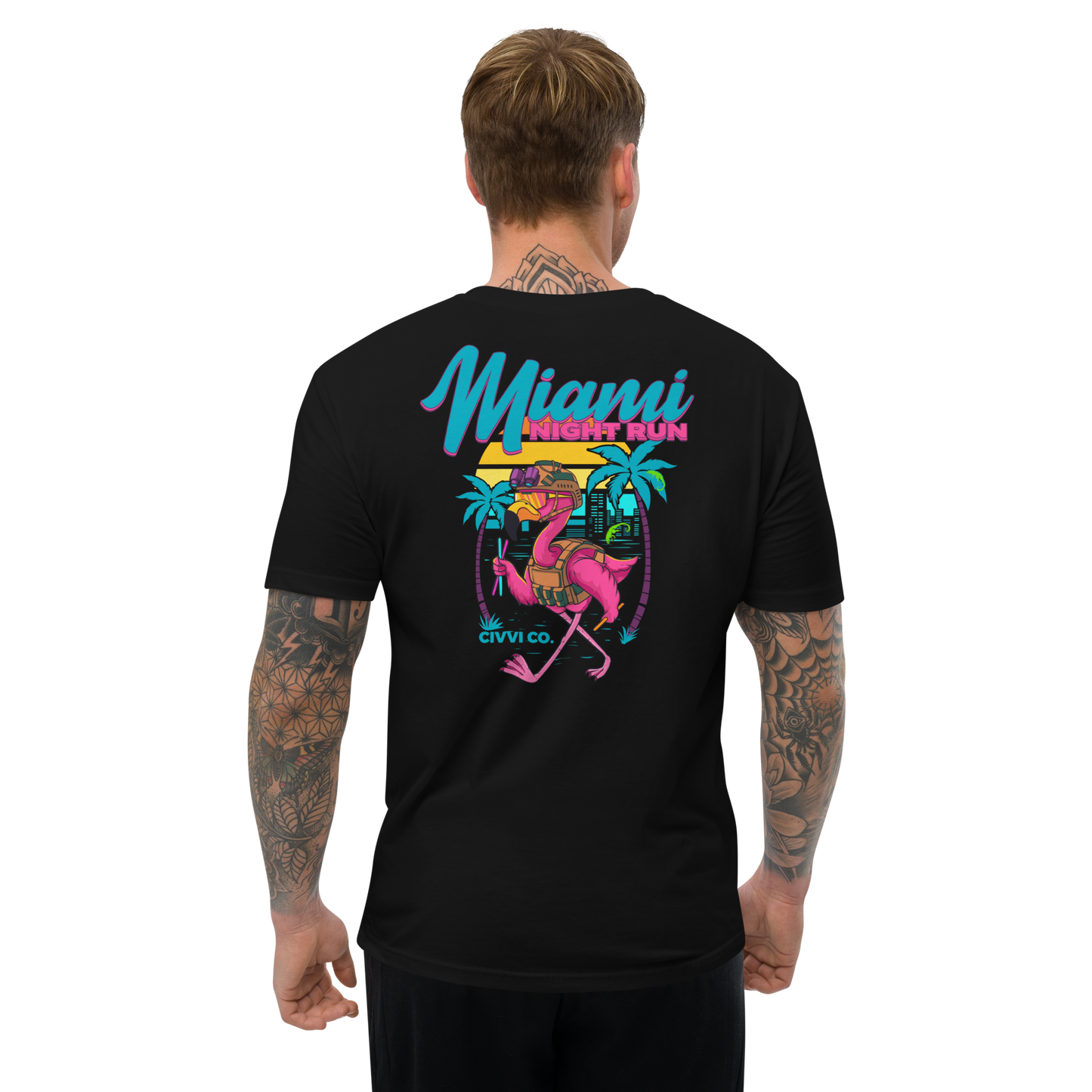 Miami Night Run Tee - Retro Flamingo Graphic