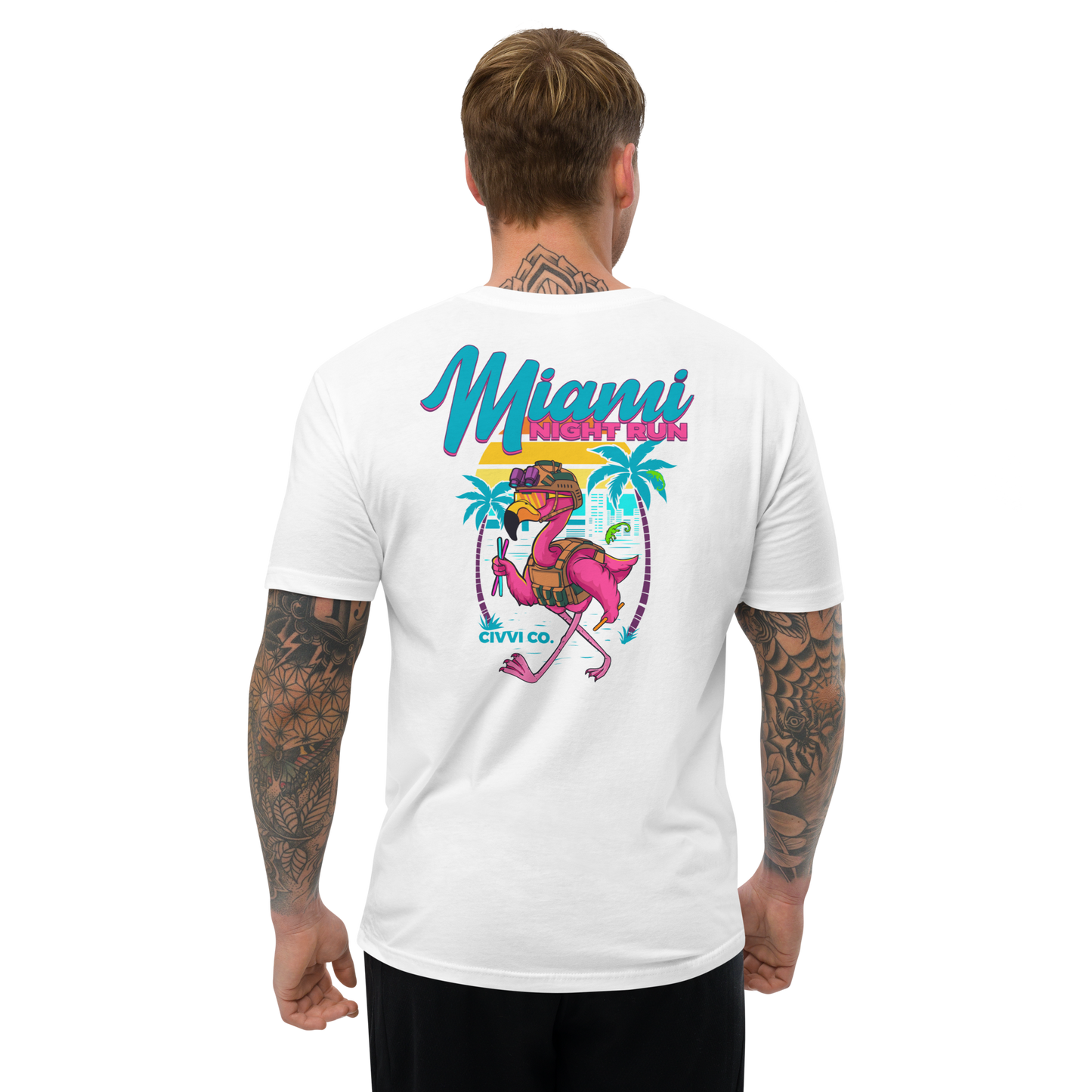 Miami Night Run Tee - Retro Flamingo Graphic